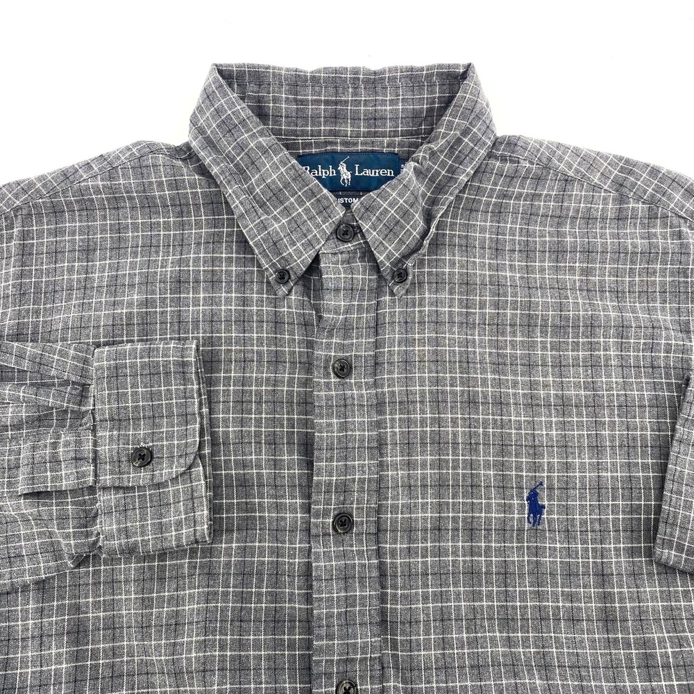 Ralph Lauren XL Custom Fit Gray Plaid Long Sleeve Button Down Shirt Navy Pony